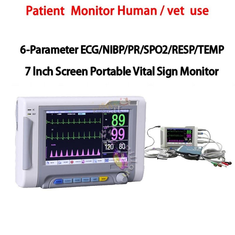 7 Inch Human/Vet Portable 6 Parameter Monitor ECG/NIBP/PR/SPO2/RESP/TEMP Vital Signs Monitor Patient Monitor