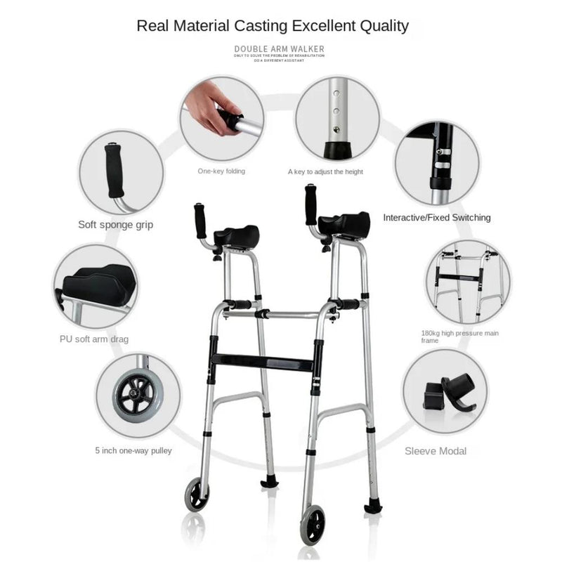 Foldable Double Arm Walker Aid For Elderly Disabled People Walking Rehabilitation Station Frame Fitness Equipment For Disabled