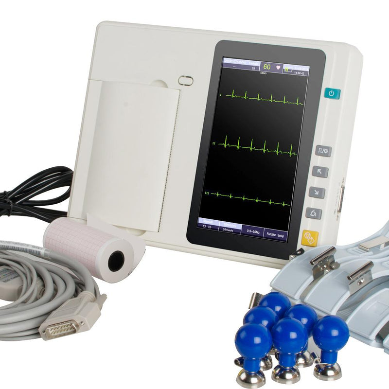 Portable 3-channel ECG electrocardiograph 12 lead electrodes, 7-inch touch screen LCD and digital color display