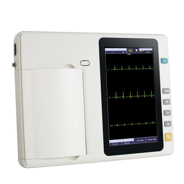 3-channel portable ECG machine with 7-inch touch screen LCD equipped with 2-lead electrodes and universal voltage compatibility